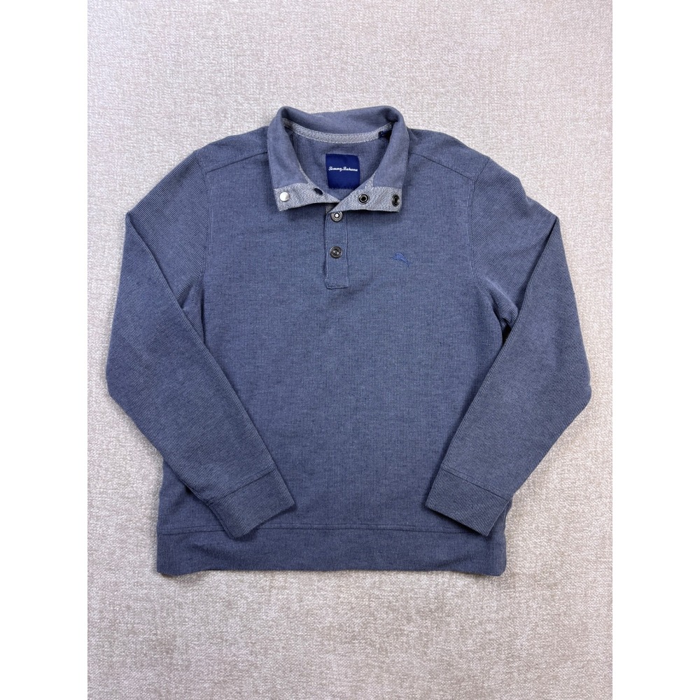Tommy Bahama Mens Blue Ribbed Knit Snap Mock Neck Pullover Sweater Small